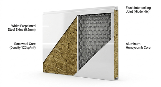3D structural diagram of a clean room sandwich panel with rockwool core