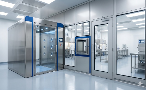Integrated cleanroom equipment featuring WONCLEAN stainless steel air shower and pass box for contamination control