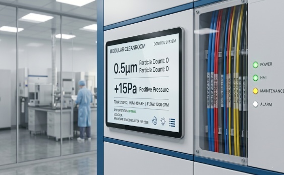Interior look of a mobile container laboratory highlighting a rigid cleanroom partition system layout engineered to optimize hardwall vs softwall cleanrooms air balancing metrics