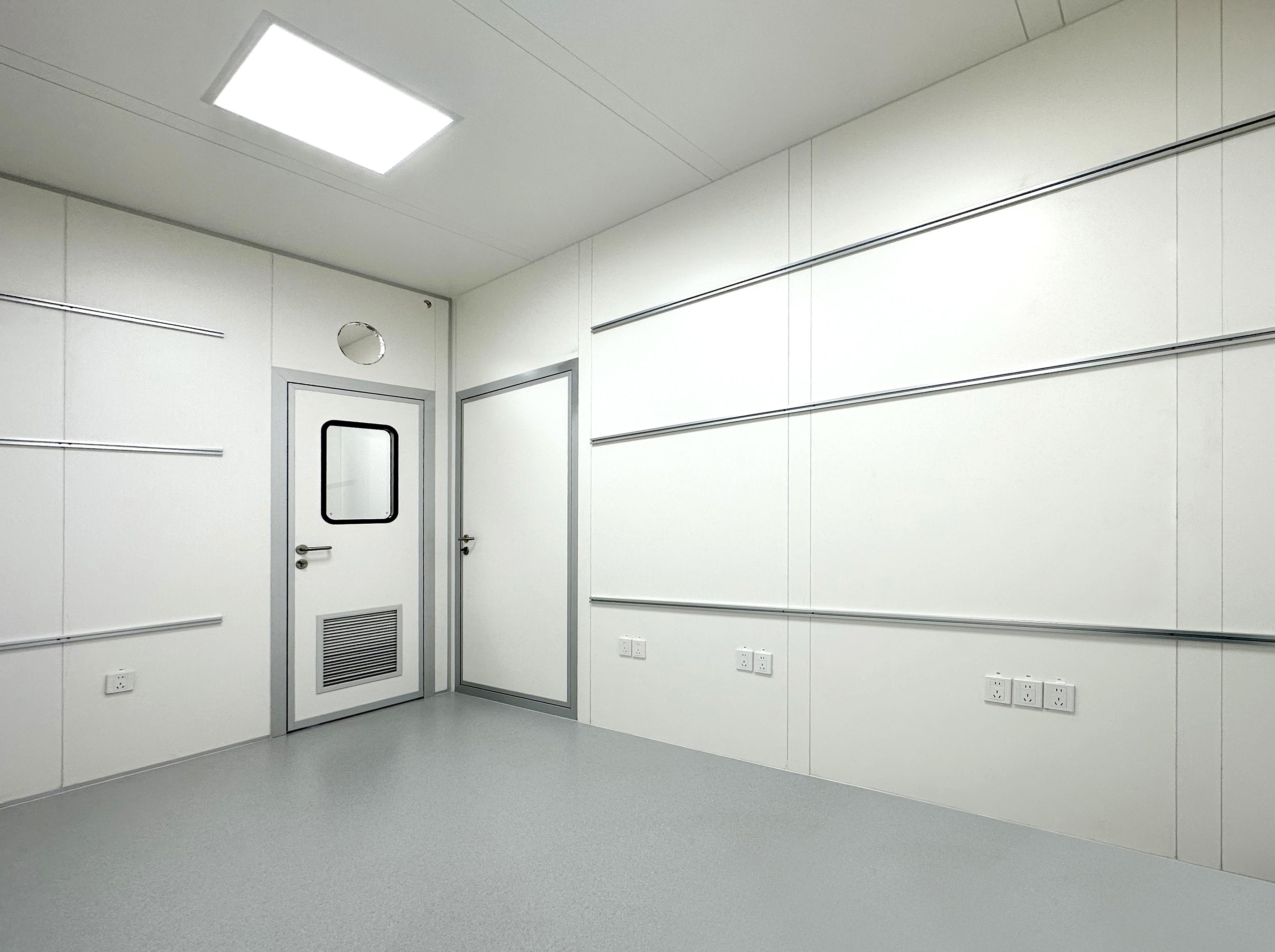 Interior of a container cleanroom laboratory with sealed panels and integrated return grille