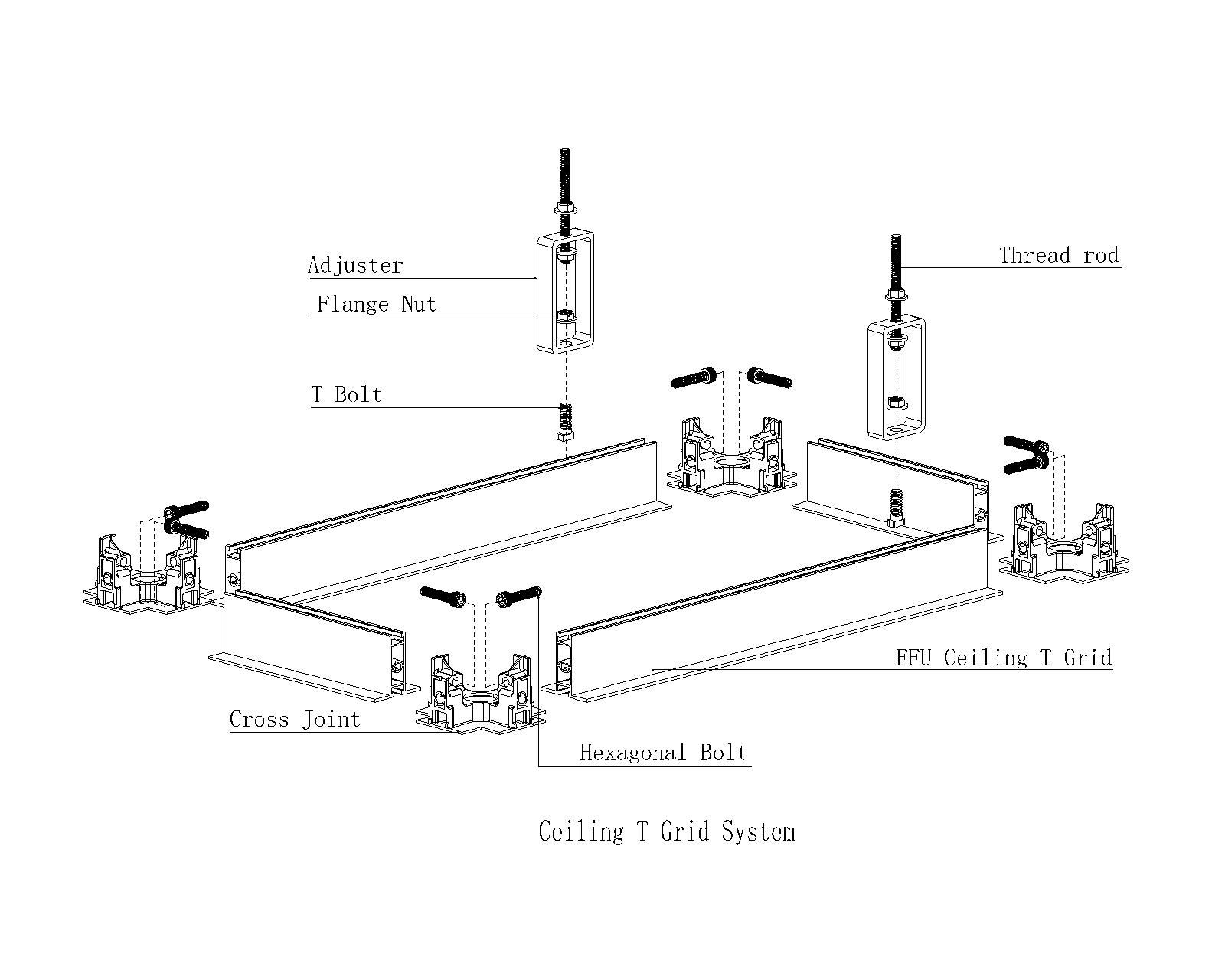 FFU ceiling T grid system drawing with thread rods adjusters cross joints and bolts