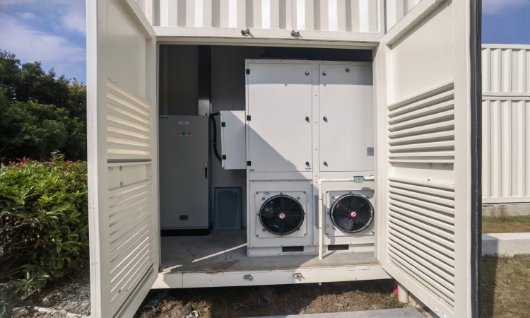 Containerized cleanroom HVAC equipment bay with service doors and external maintenance access