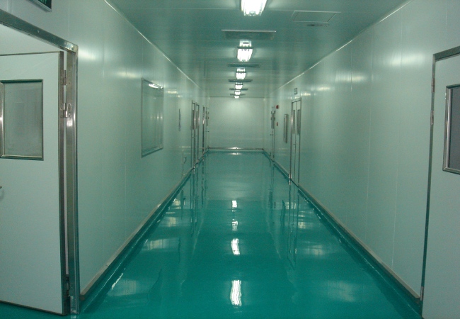 Clean pharmaceutical laboratory corridor with modular cleanroom panels cleanroom doors and sealed service boundaries